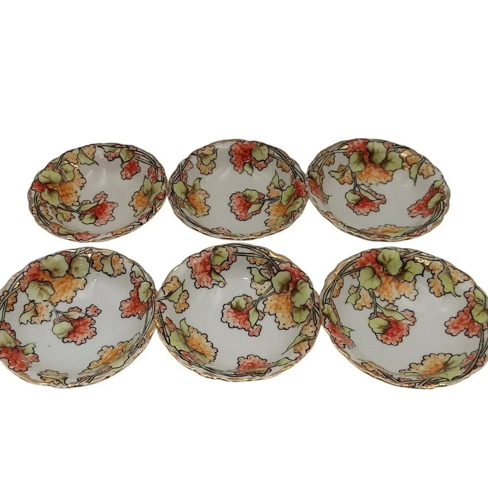 Set‎ of 6 Vintage Nippon Noritake Hand Painted Floral Berry Bowls Gold Trim